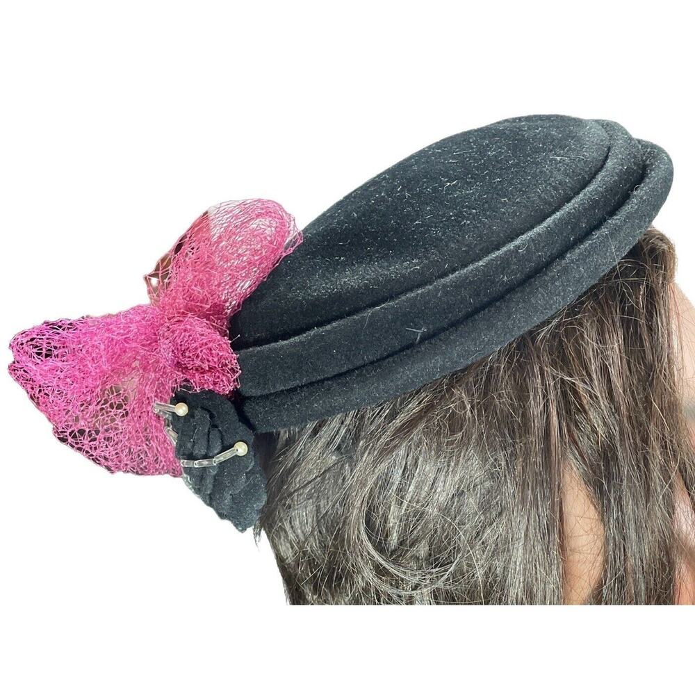 Vintage Black Velour Rose Colored Net Womens Pill box Hat Costume Prop Antique